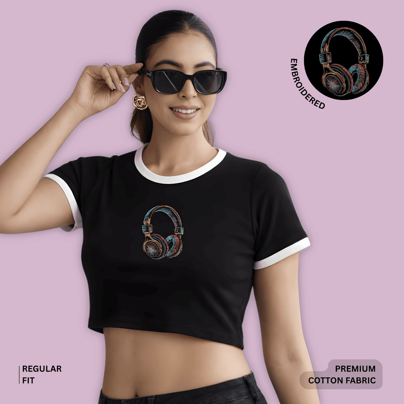 Women's Neon Headphone Embroidered Printed Crop Top