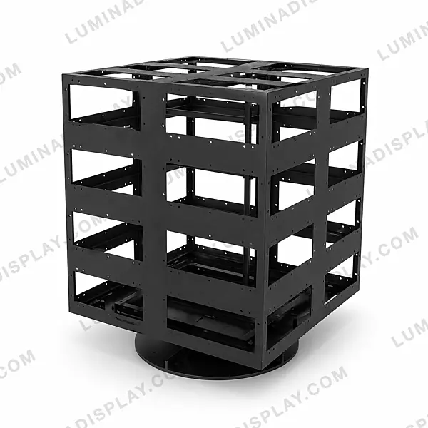 Four-sided LED cube cabinet 640 mm per side in powder-coated GI, hanging display – Lumina