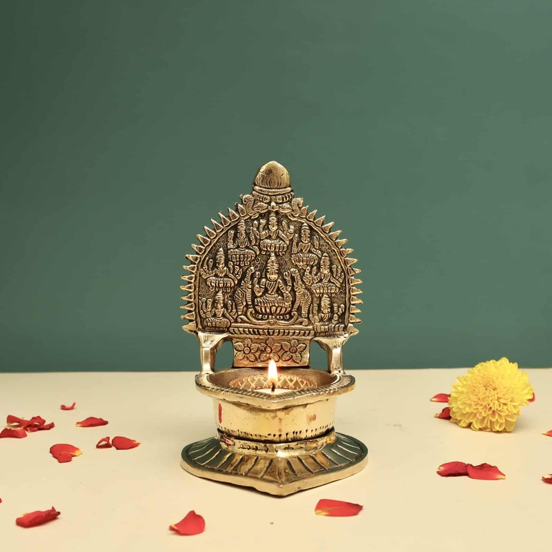Brass Asta Lakshmi Deepam/Lamp - 6 inch Height | Auspicious Brass Deepam/Lamp with Asta Lakshmi Design for Sacred Lighting