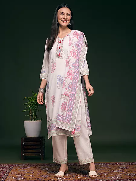 Floral Printed Embellished Straight Cut Kurta with Pant & Dupatta - White
