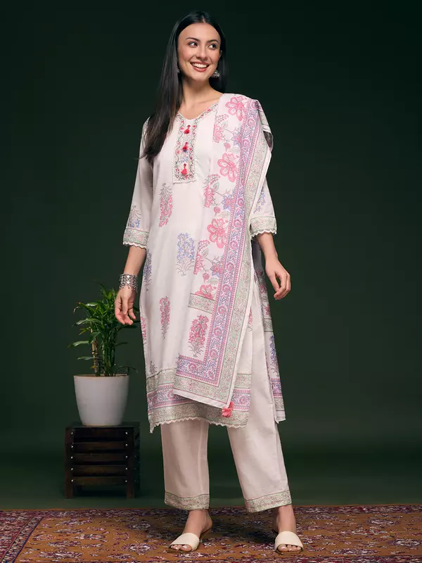 Floral Printed Embellished Straight Cut Kurta with Pant & Dupatta - White
