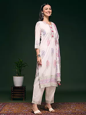 Floral Printed Embellished Straight Cut Kurta with Pant & Dupatta - White