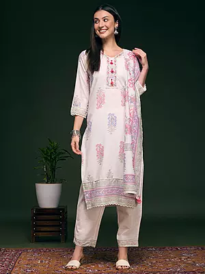 Floral Printed Embellished Straight Cut Kurta with Pant & Dupatta - White