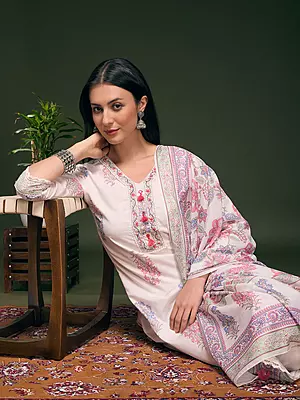 Floral Printed Embellished Straight Cut Kurta with Pant & Dupatta - White
