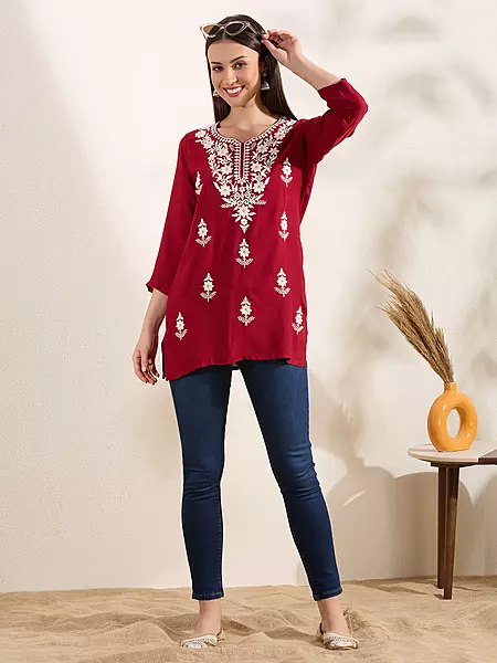 Solid Floral Chikankari Embroidered Straight Fit Kurti - Red