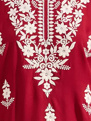 Solid Floral Chikankari Embroidered Straight Fit Kurti - Red