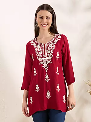 Solid Floral Chikankari Embroidered Straight Fit Kurti - Red