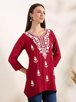 Solid Floral Chikankari Embroidered Straight Fit Kurti - Red