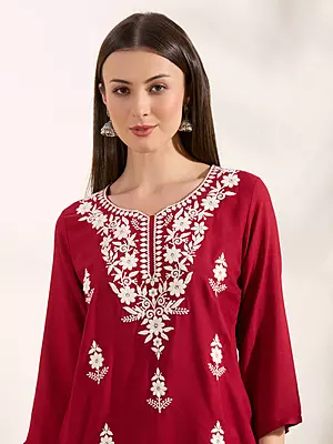 Solid Floral Chikankari Embroidered Straight Fit Kurti - Red