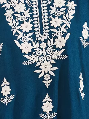 Solid Floral Chikankari Embroidered Straight Fit Kurti - Blue