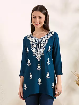 Solid Floral Chikankari Embroidered Straight Fit Kurti - Blue