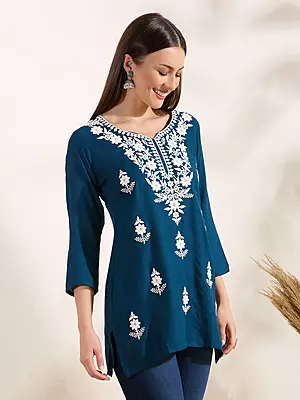 Solid Floral Chikankari Embroidered Straight Fit Kurti - Blue