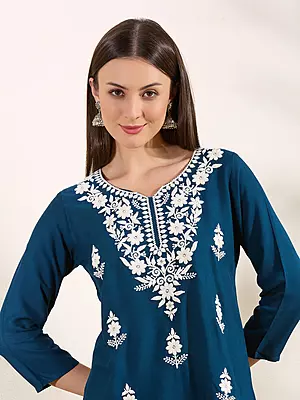 Solid Floral Chikankari Embroidered Straight Fit Kurti - Blue