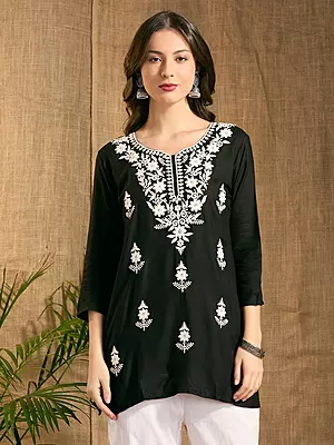Solid Floral Chikankari Embroidered Straight Fit Kurti - Black