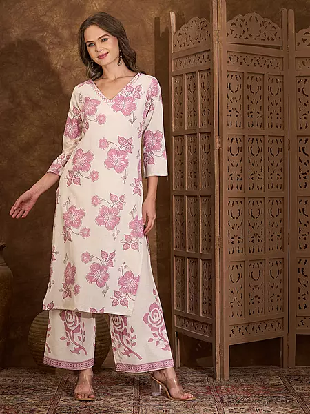 Abstract Floral Printed Straight Fit Cotton Flax Co-ord Set - Off White