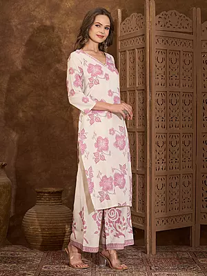 Abstract Floral Printed Straight Fit Cotton Flax Co-ord Set - Off White