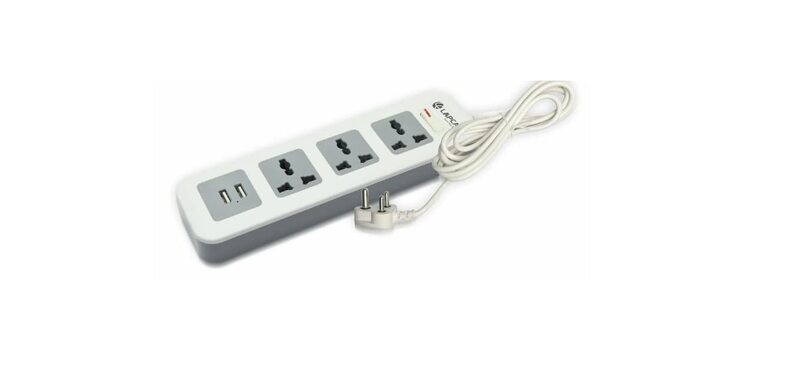 Lapcare LAPEX‑003 extension board: 3 universal AC sockets, 3 USB ports (up to 2.1 A), LED switch, in-built spike buster & phone stand.