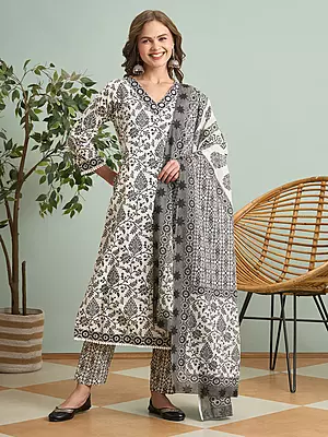 Ethnic Floral Printed & Embroidered Straight Kurta with Pant & Dupatta - White