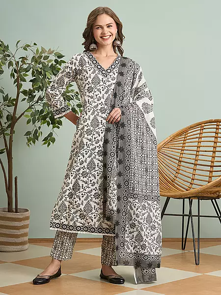 Ethnic Floral Printed & Embroidered Straight Kurta with Pant & Dupatta - White