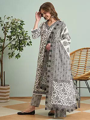 Ethnic Floral Printed & Embroidered Straight Kurta with Pant & Dupatta - White