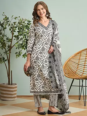 Ethnic Floral Printed & Embroidered Straight Kurta with Pant & Dupatta - White