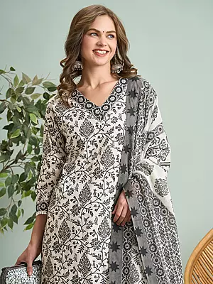 Ethnic Floral Printed & Embroidered Straight Kurta with Pant & Dupatta - White
