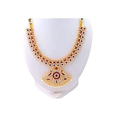 Red & White Stone Gold Plated Necklace/Attigai Red & White Stone Gold Plated Necklace/Attigai