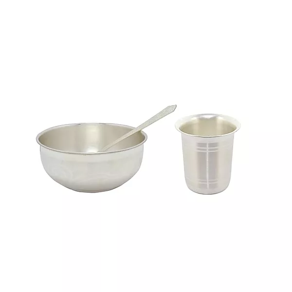 Sterling Silver Bowl with Spoon & Tumbler Set | Baby Annaprashan Velli Kinnam Set