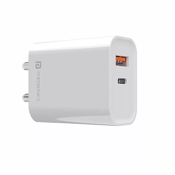 Portronics Adapto 45 20W QC 3.0 & Type-C PD Charger – Fast Charging (5V/3A, 9V/2.22A, 12V/1.67A)