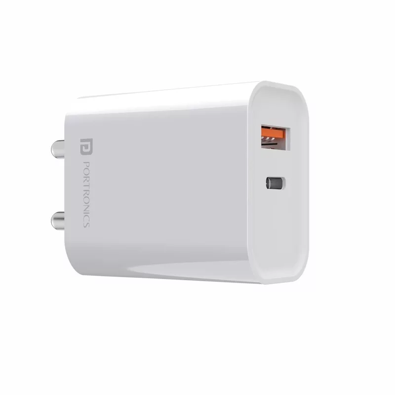 Portronics Adapto 45 20W QC 3.0 & Type-C PD Charger – Fast Charging (5V/3A, 9V/2.22A, 12V/1.67A)