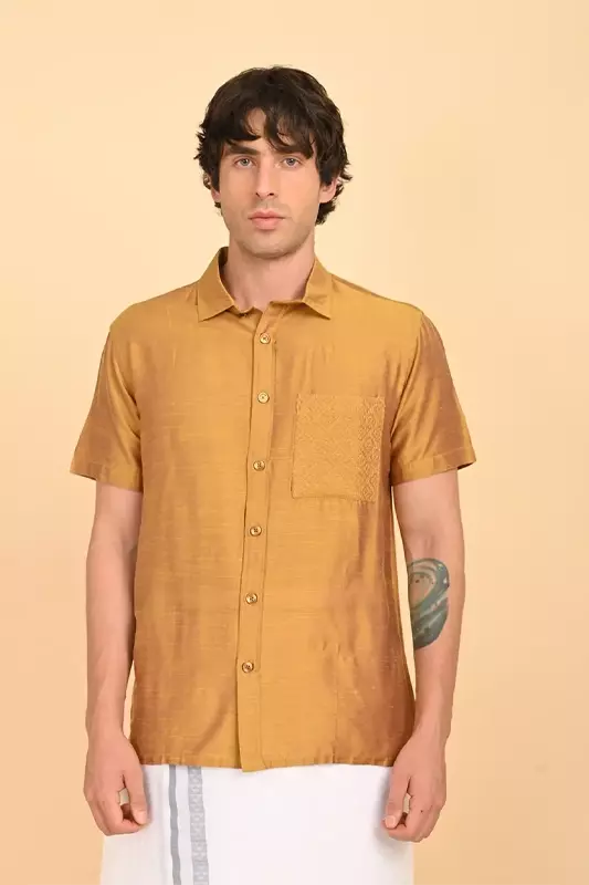 Men Short Sleeve Ethnic Shirt - Yellow