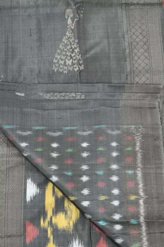 Grey Ikat Silk Saree with Doll Motifs & Handwoven Border and ikat blouse | Handloom Saree
