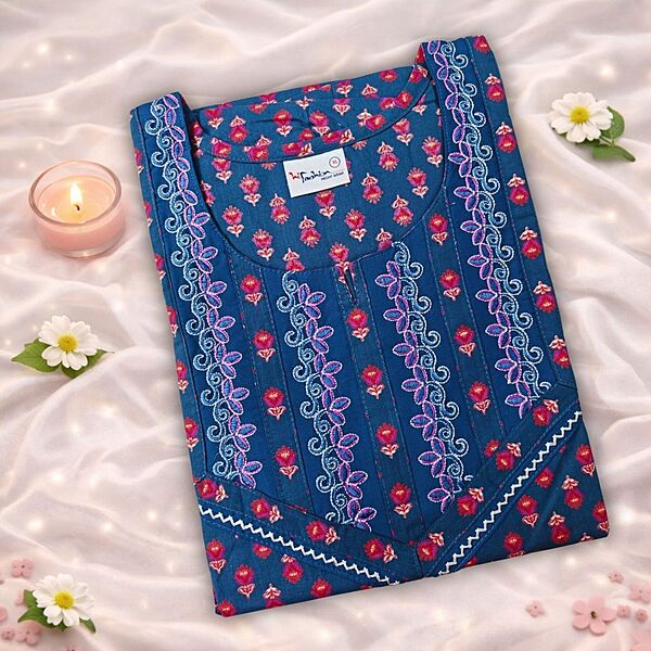 Azure Blue Cotton Nighty With Geometric Print All Over From Libas Loungewear - AL1151