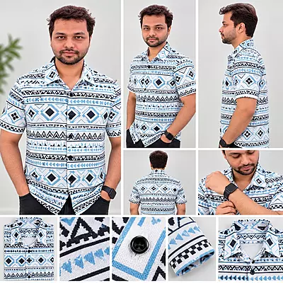 Blue White Geometric Stripe Print Half Sleeve Shirt 7316