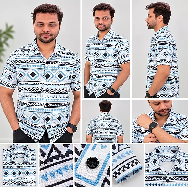 Blue White Geometric Stripe Print Half Sleeve Shirt 7316