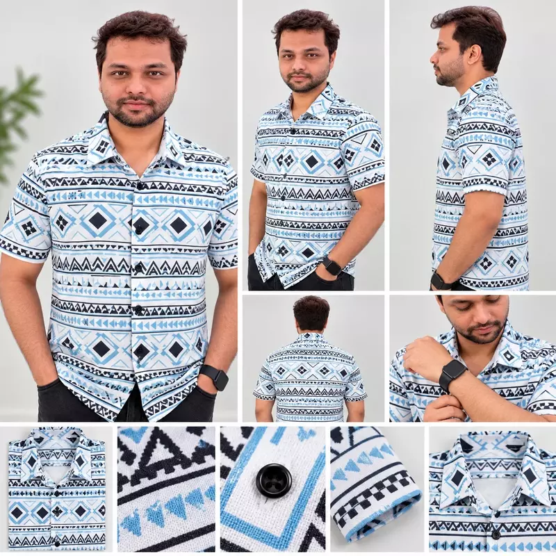 Blue White Geometric Stripe Print Half Sleeve Shirt 7316