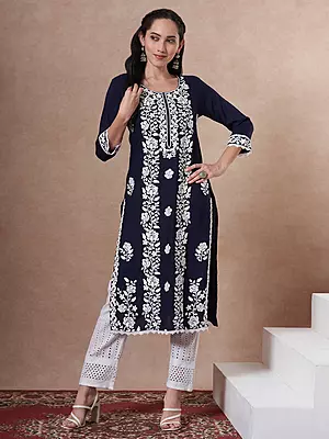 Solid Floral Chikankari Embroidered Straight Fit Kurta - Navy Blue