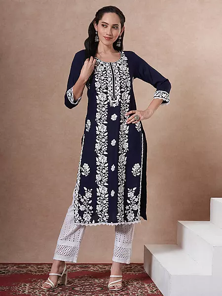 Solid Floral Chikankari Embroidered Straight Fit Kurta - Navy Blue
