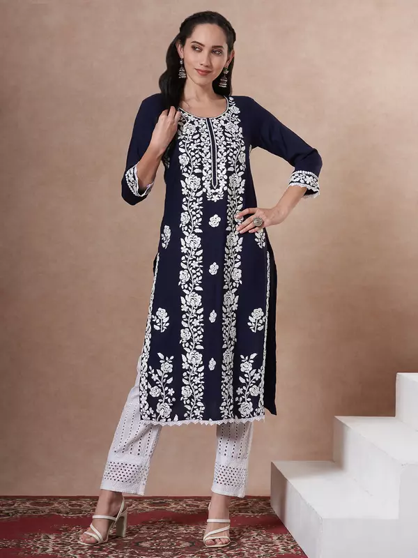 Solid Floral Chikankari Embroidered Straight Fit Kurta - Navy Blue