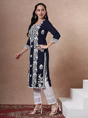 Solid Floral Chikankari Embroidered Straight Fit Kurta - Navy Blue