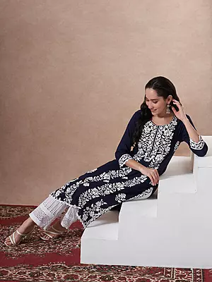 Solid Floral Chikankari Embroidered Straight Fit Kurta - Navy Blue