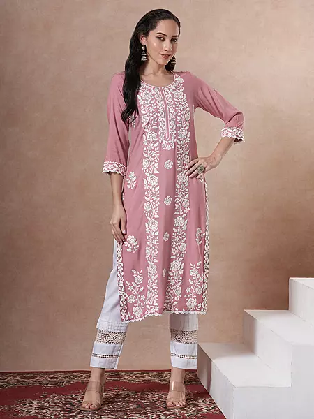 Solid Floral Chikankari Embroidered Straight Fit Kurta - Pink