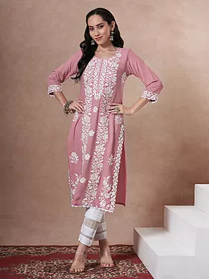 Solid Floral Chikankari Embroidered Straight Fit Kurta - Pink