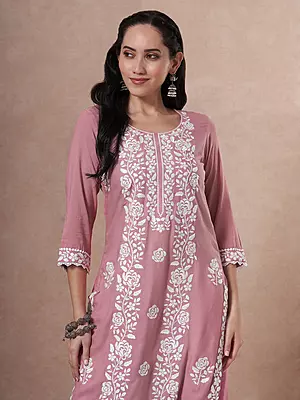 Solid Floral Chikankari Embroidered Straight Fit Kurta - Pink