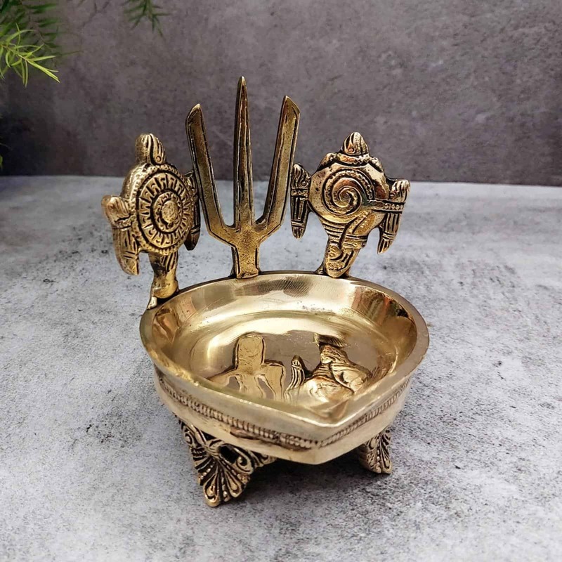 Brass Shank Chakra Namah Diya - 4.8 inch Height | Auspicious Brass Diya with Shank and Chakra Design