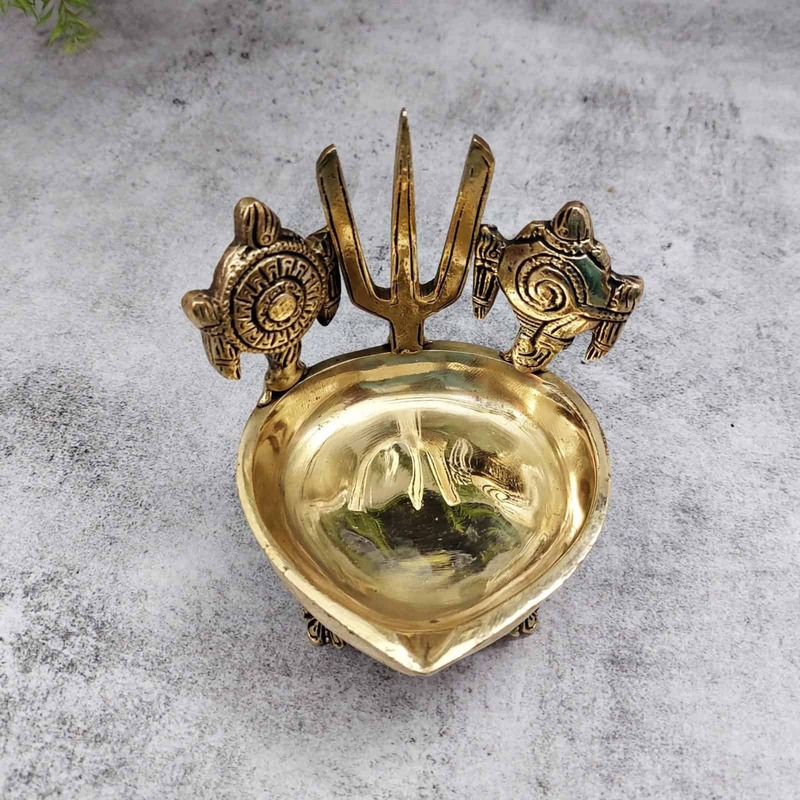Brass Shank Chakra Namah Diya - 4.8 inch Height | Auspicious Brass Diya with Shank and Chakra Design