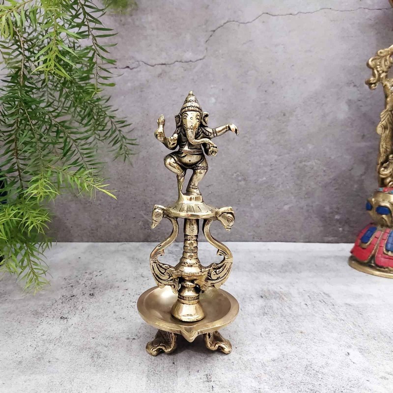 Brass Dancing Ganesh Lamp - 9 inch Height | Divine Brass Dancing Ganesh Lamp for Pooja