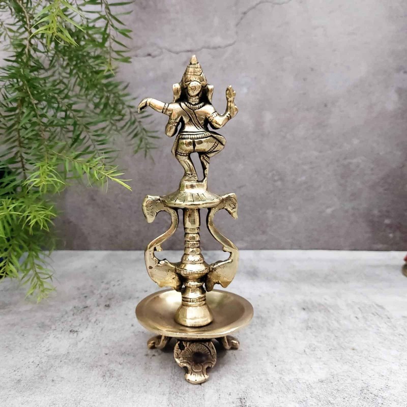 Brass Dancing Ganesh Lamp - 9 inch Height | Divine Brass Dancing Ganesh Lamp for Pooja