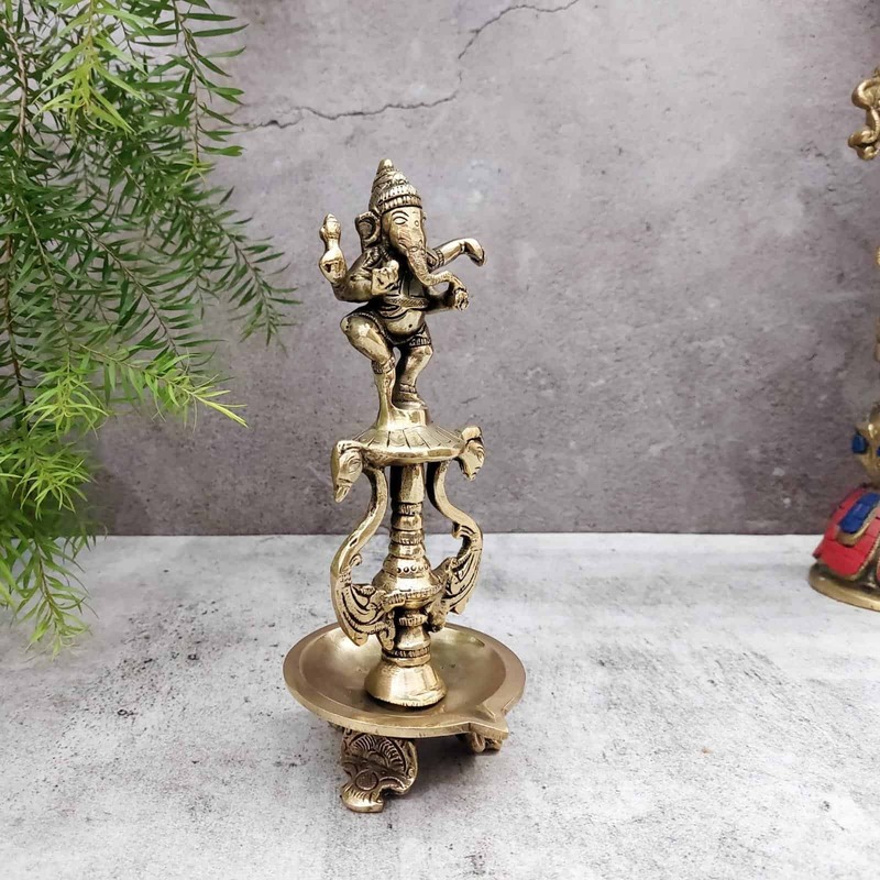 Brass Dancing Ganesh Lamp - 9 inch Height | Divine Brass Dancing Ganesh Lamp for Pooja