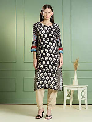 Ethnic Printed Straight Fit Kurta - Black